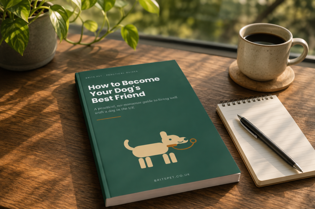 UK dog training guide shown as a 3D book on a wooden desk with coffee and a notepad