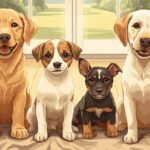 Four dogs on a rug illustrating what puppy costs in the UK really add up to