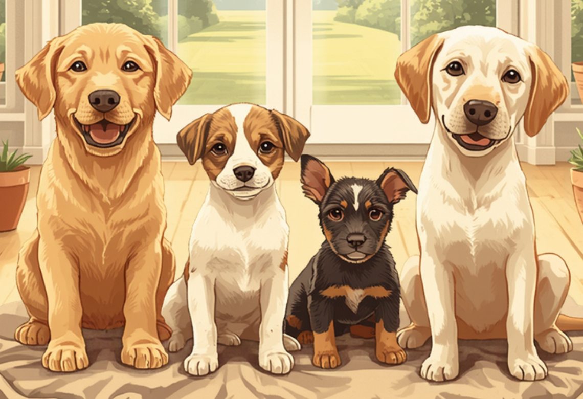 Four dogs on a rug illustrating what puppy costs in the UK really add up to