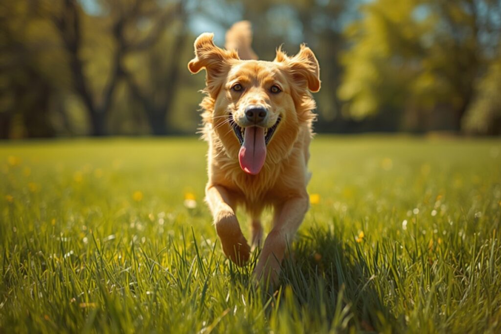 A happy golden dog running through bright green grass in a sunny park on International Dog Day