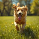 A happy golden dog running through bright green grass in a sunny park on International Dog Day