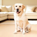 Labrador Retriever sitting calmly in a bright UK family living room