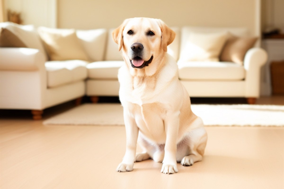 Labrador Retriever sitting calmly in a bright UK family living room