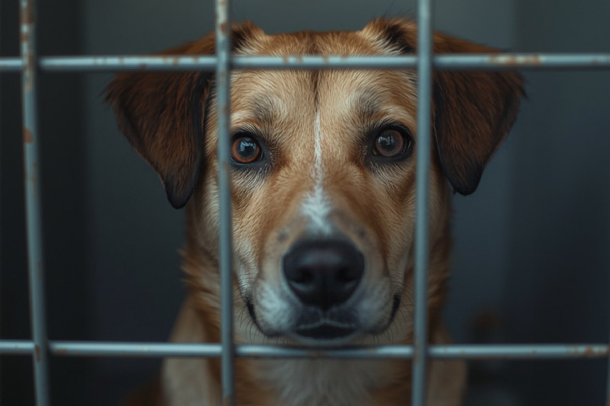 A rescue dog waiting in a shelter kennel, illustrating dog adoption in the UK on International Dog Day