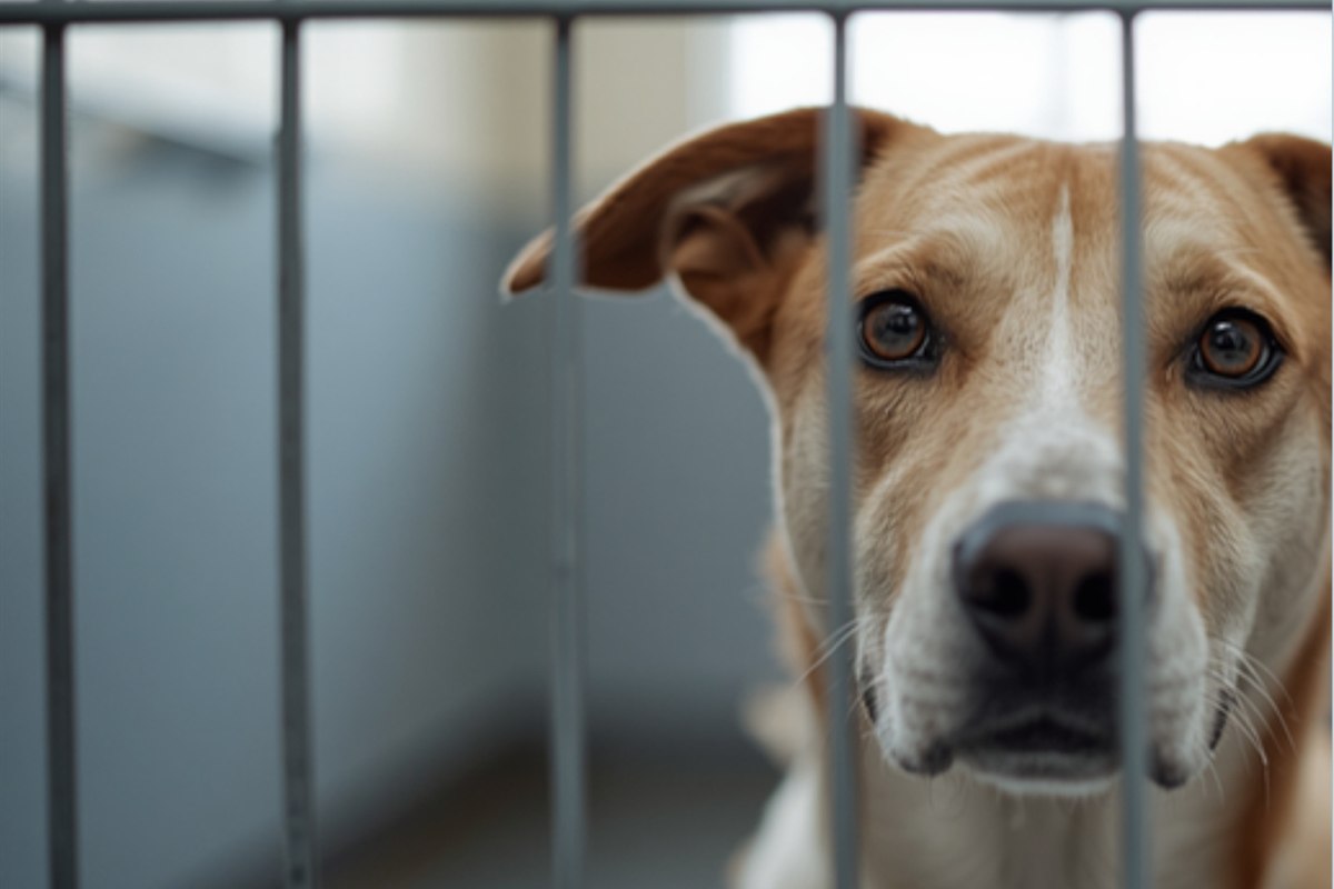 A rescue dog looking through kennel bars with hopeful eyes, waiting for adoption on International Dog Day