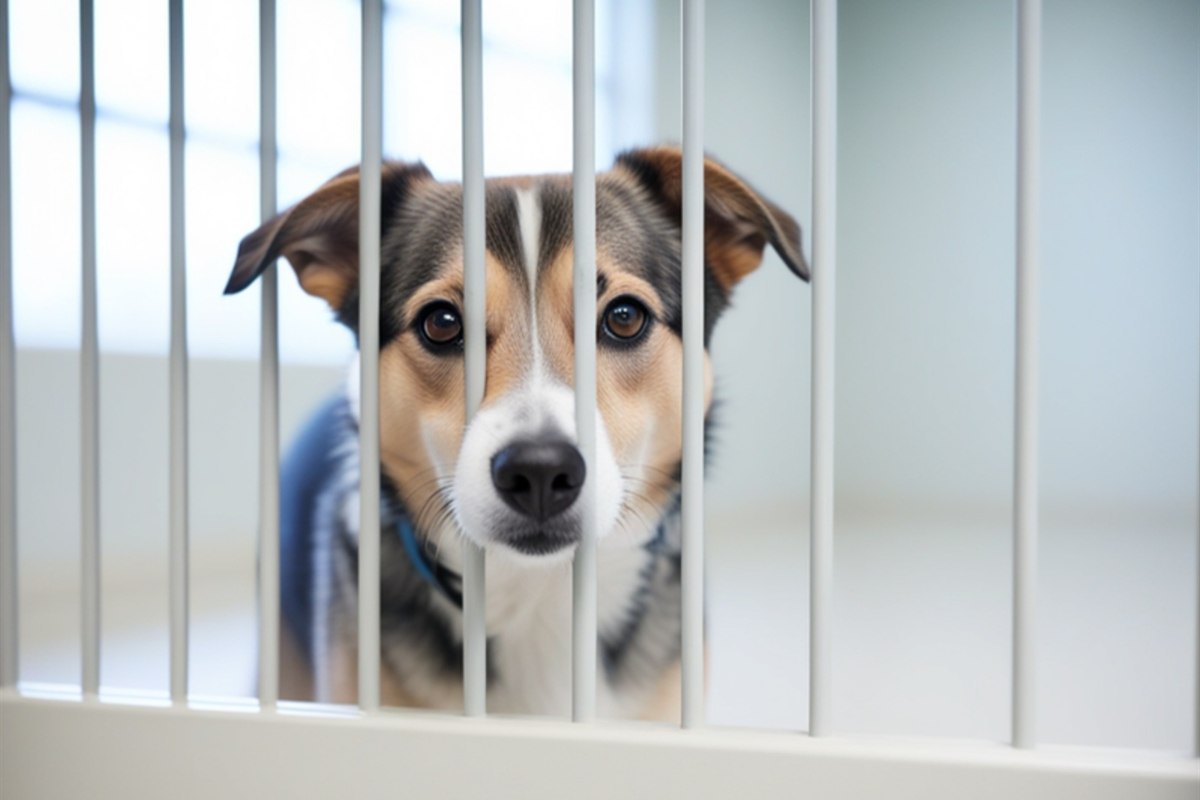 A young rescue dog waiting quietly behind kennel bars in a UK animal shelter
